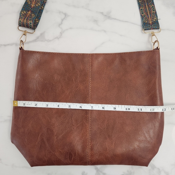 Unisex Dark Brown Tote Bag With Patterned Boho Strap - Picture 10 of 13